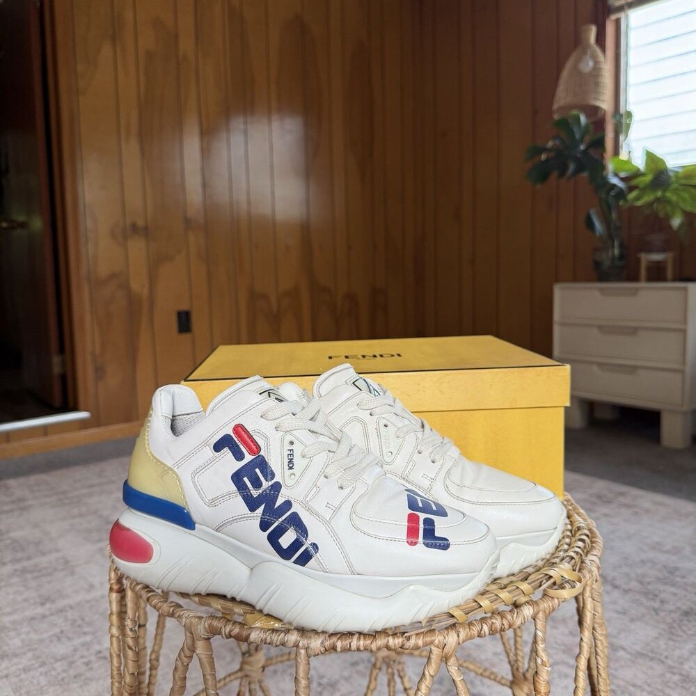 Fendi Cream Leather Fendi Fila Mania Logo Low Top Sneakers Size 38.5 / 8.5